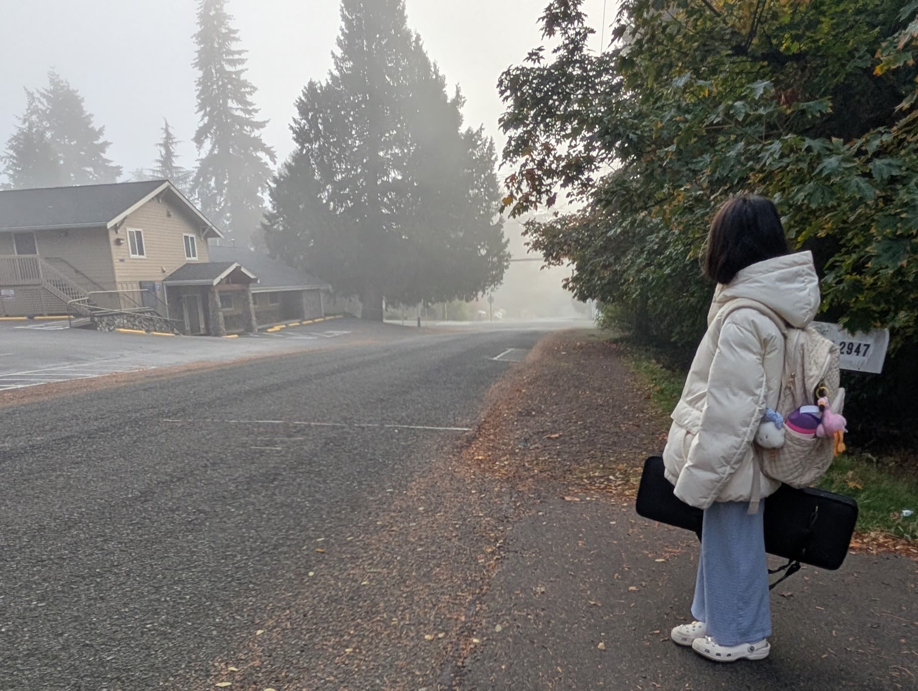 雾气中的街道和背着羊形挂件的旅人